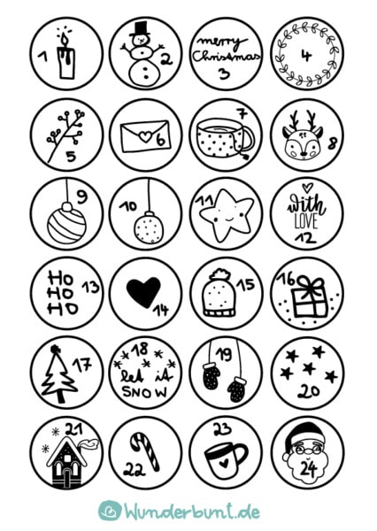 Adventskalender Zahlen 1-24 PDF zum Ausdrucken - Wunderbunt.de