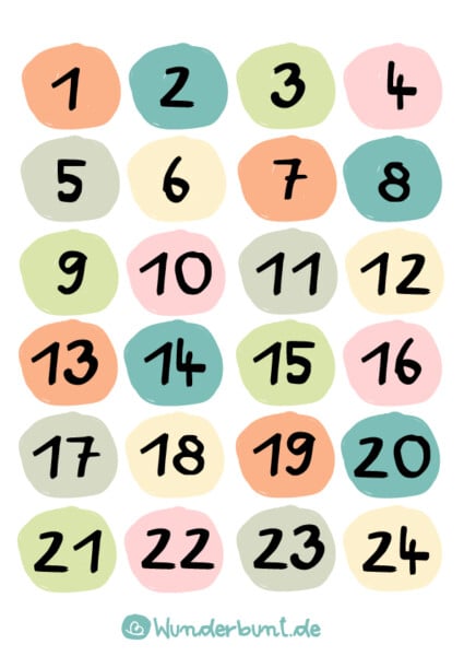 Adventskalender Zahlen 1-24 PDF zum Ausdrucken - Wunderbunt.de