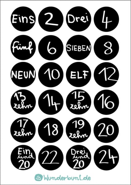 Adventskalender Zahlen 1-24 PDF zum Ausdrucken - Wunderbunt.de