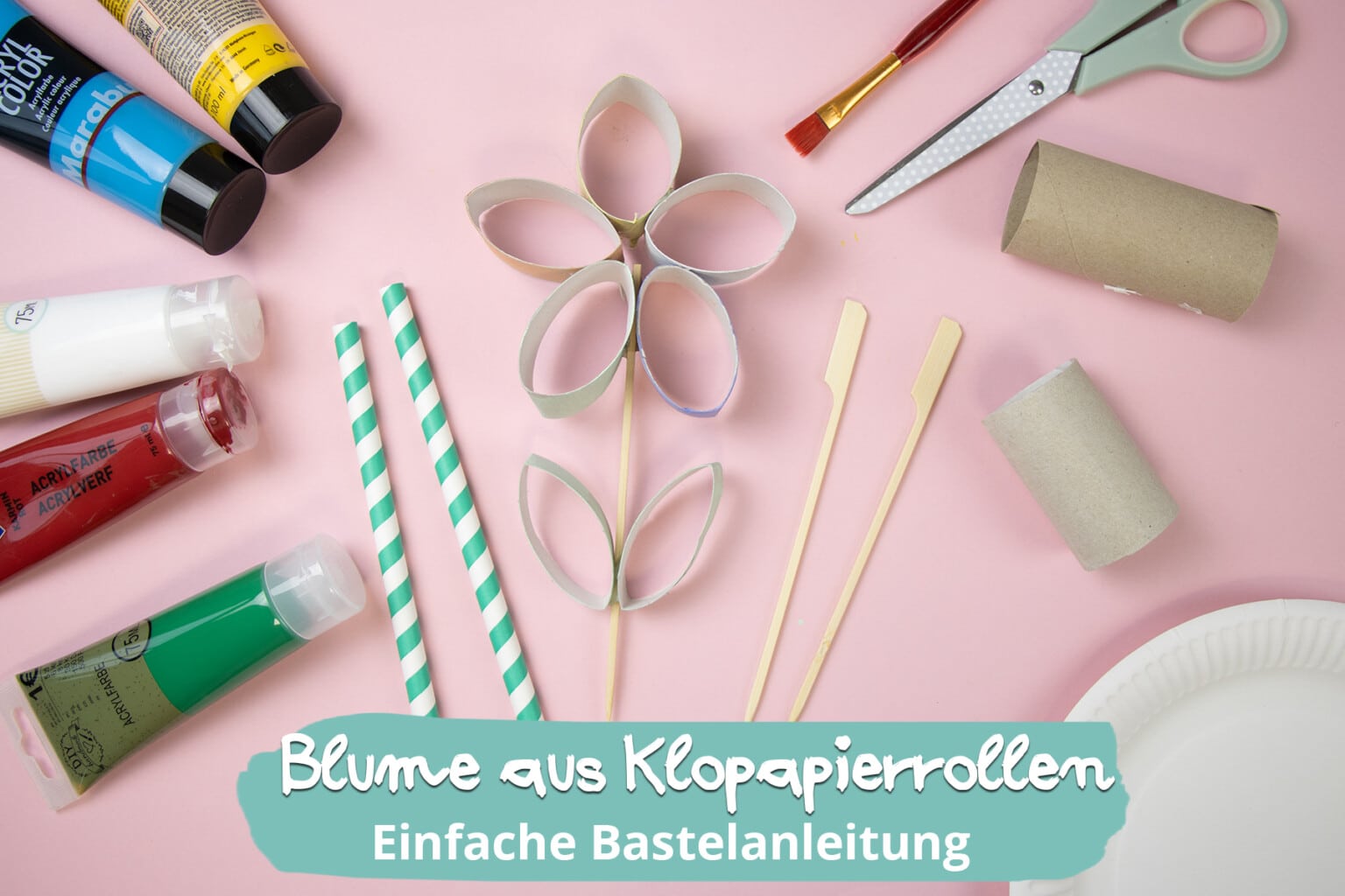 Blume aus Klopapierrollen basteln einfache Idee Wunderbunt.de