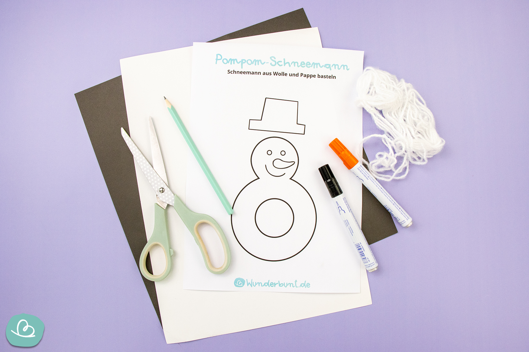 Schneemann aus Wolle und Pappe basteln mit kostenloser Vorlage